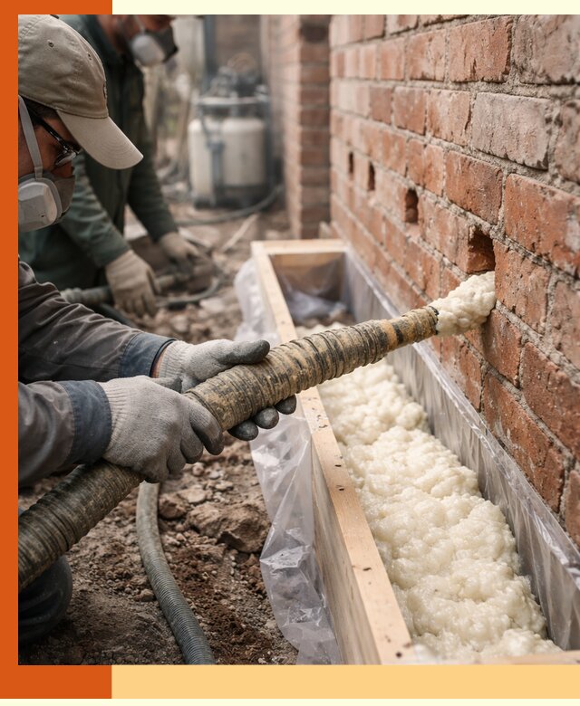 Заливка ППУ в пустоты кирпичной стены в зиме