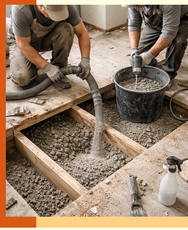 Заполнение пустот пола в зиме полиуретаном и пенополистиролом