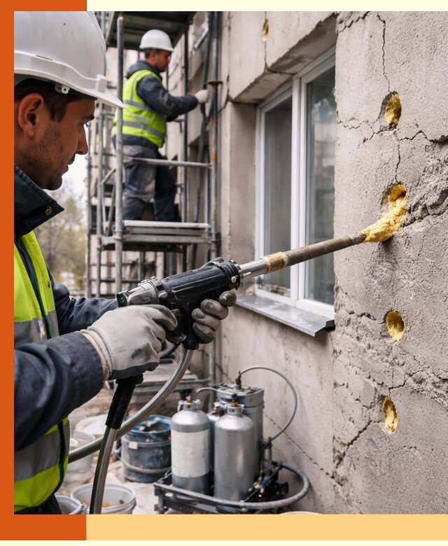 Заполнение пустот в фасаде и утепление стен в зиме