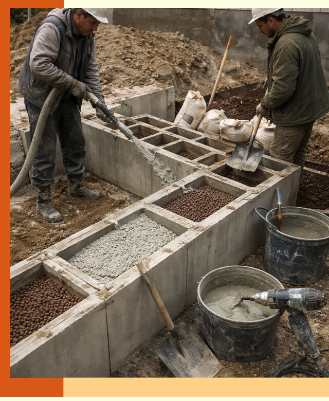 Заполнение полостей фундамента в зиме герметичным утеплением и повышением прочности