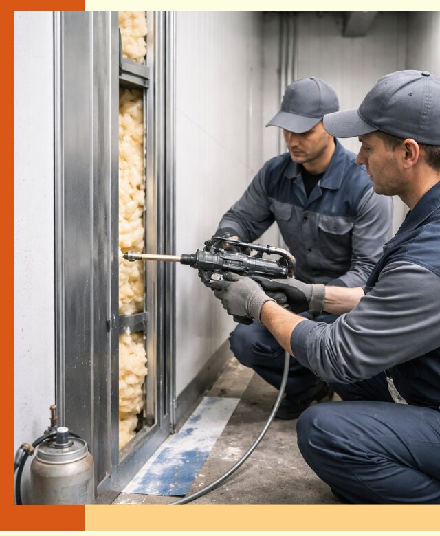 Заполнение пустот холодильных панелей в зиме специализированной пеной