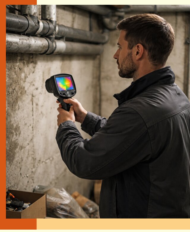 Тепловизионное обследование подвала в зиме для поиска утечек тепла